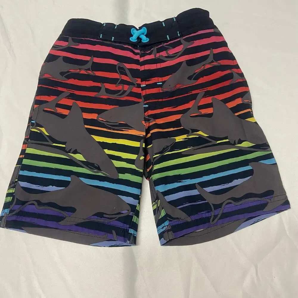 Wonder Nation Swim Trunks Boys Size XS 4/5 Sharks Swimsuit Bathing Suit Rainbow